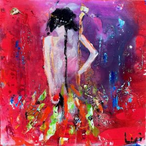 Applewoman 40 x 40 cm Original Painting Canvas, acryl, olie, kul, guld, high gloss finish